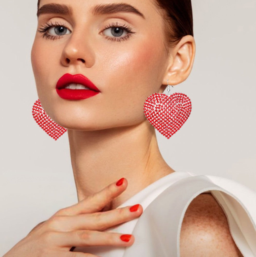 Vibrant Red Full Crystal Rhinestone Pave Heart Drop Statement Fashion Earrings