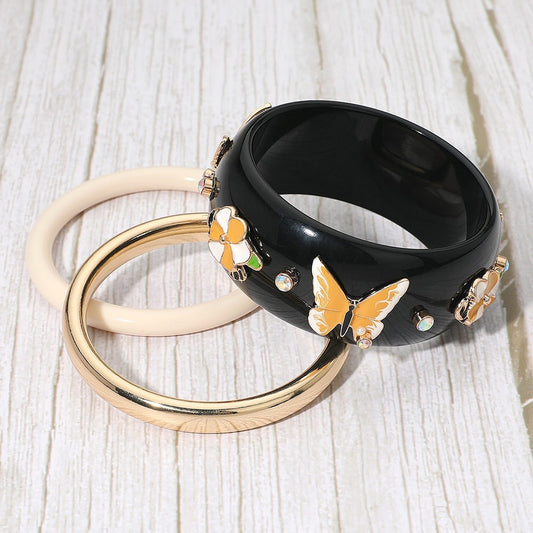 3PC Butterfly Floral Bangle Bracelet Set Black Gold Ivory Enamel Jewelry
