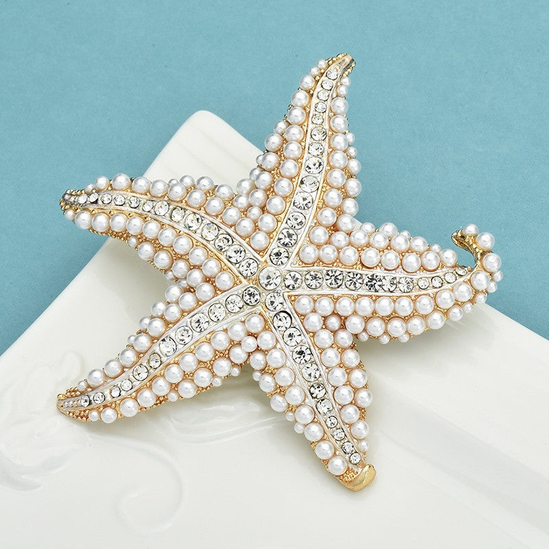 Gold Tone Starfish Brooch Pin Faux Pearl Rhinestone Coastal Nautical Jewelry