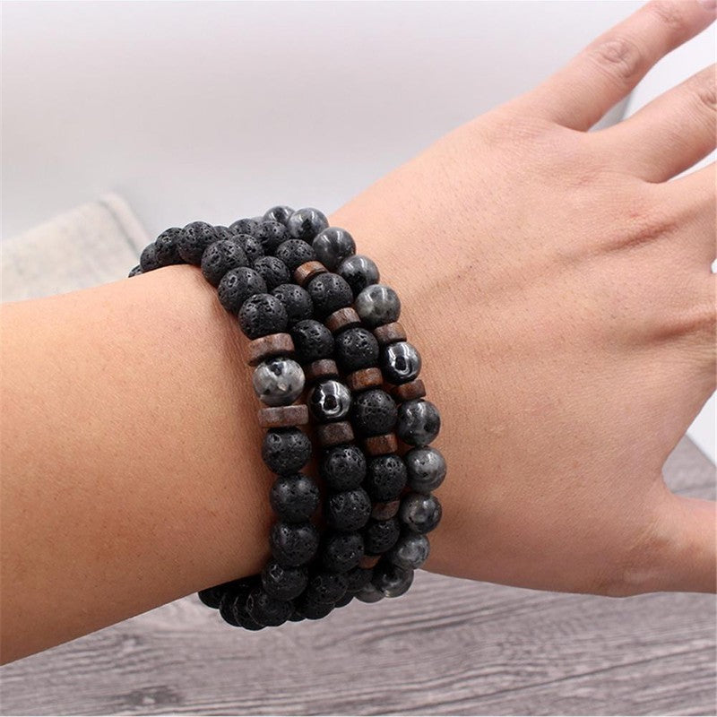 3PCS Men’s Natural Lava Rock Stone Bracelet Set Healing Chakra Beaded Stretch