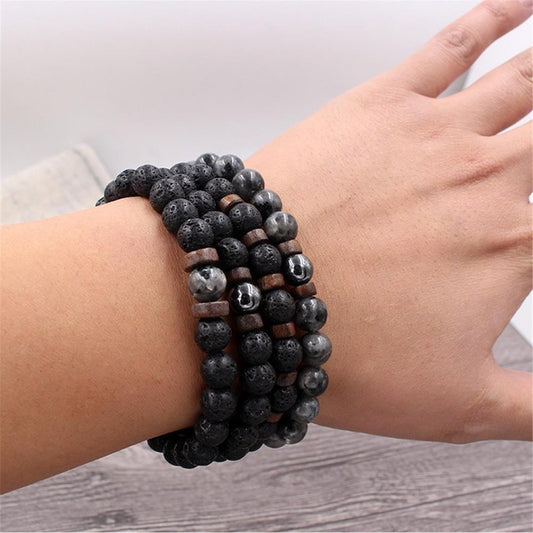 3PCS Men’s Natural Lava Rock Stone Bracelet Set Healing Chakra Beaded Stretch