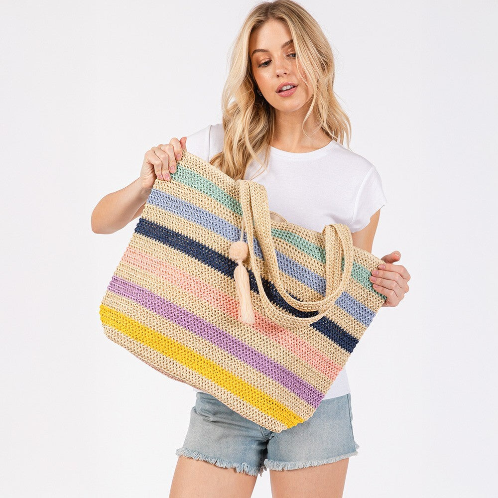 Multicolor Straw Crochet Tote Bag with Pom Pom Tassel for Women Summer Beach Bag