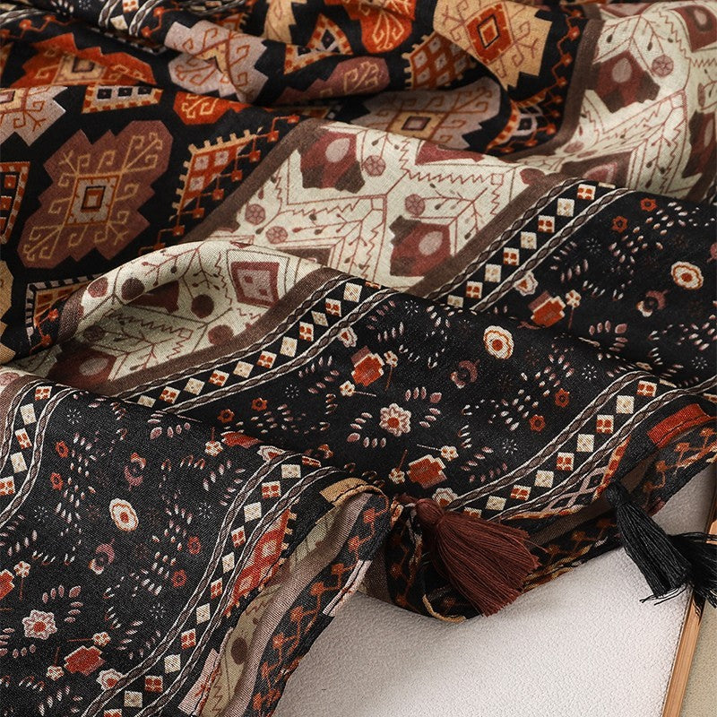 2PCS Women's Oversized Geometric Tassel Shawl Scarf Black & Green/Brown 72.8in