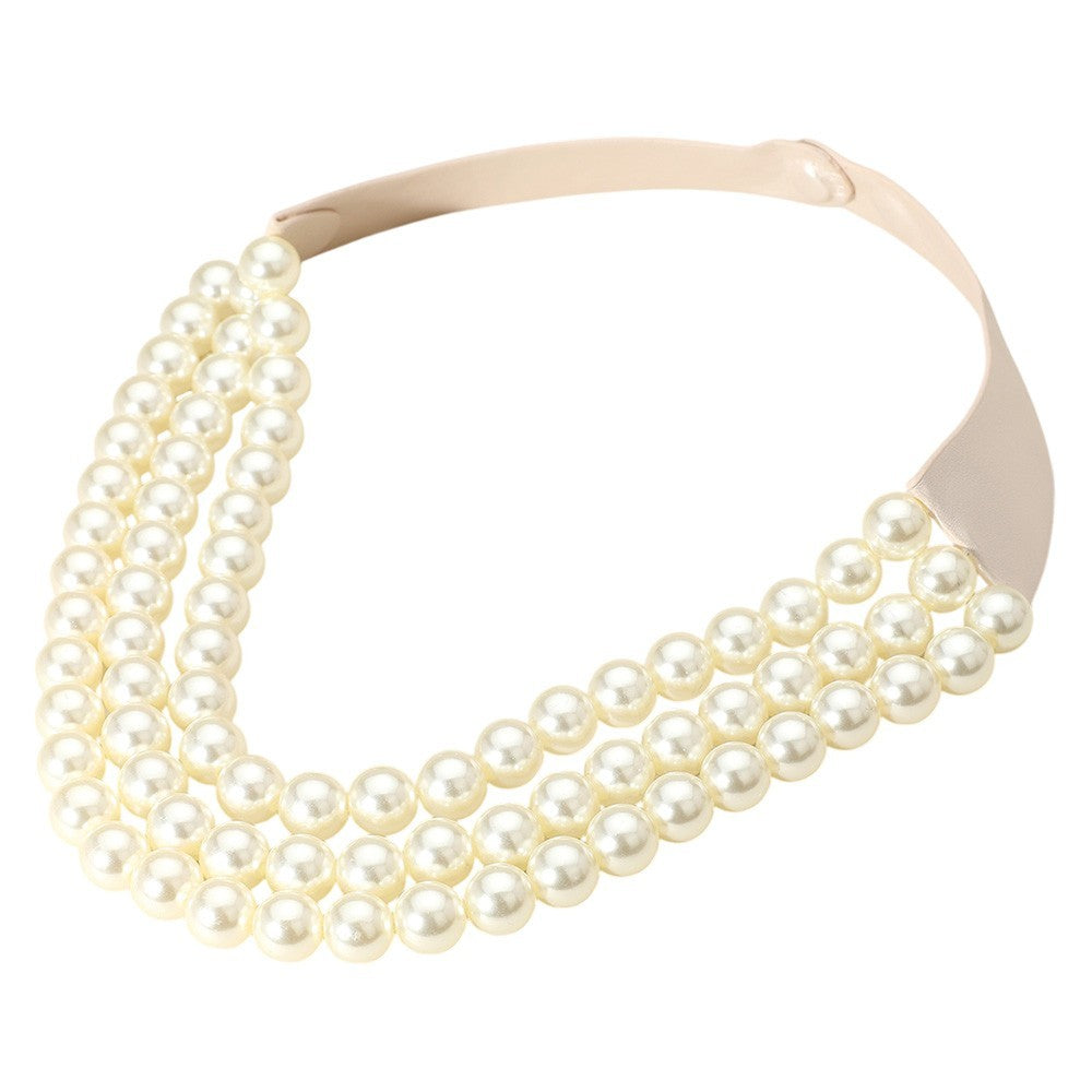 Chunky Pearl Beaded Triple Layered Faux Leather Magnetic Necklace for Women
