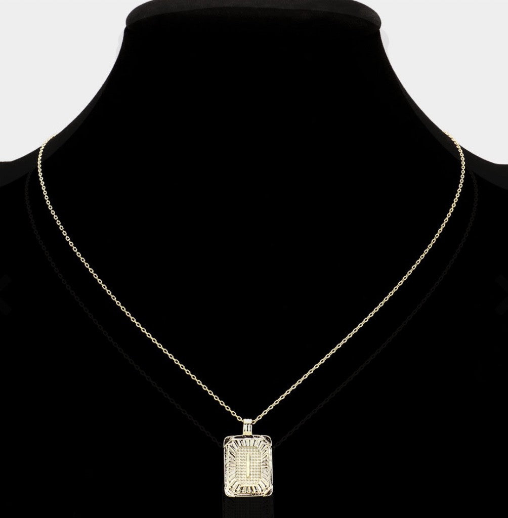 Gold Initial "I" Rectangular Sunburst Pendant Necklace - Brass Fashion Jewelry