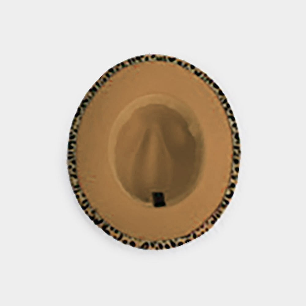 Women’s Leopard Print Panama Hat Wide Brim Fedora with Faux Leather Band