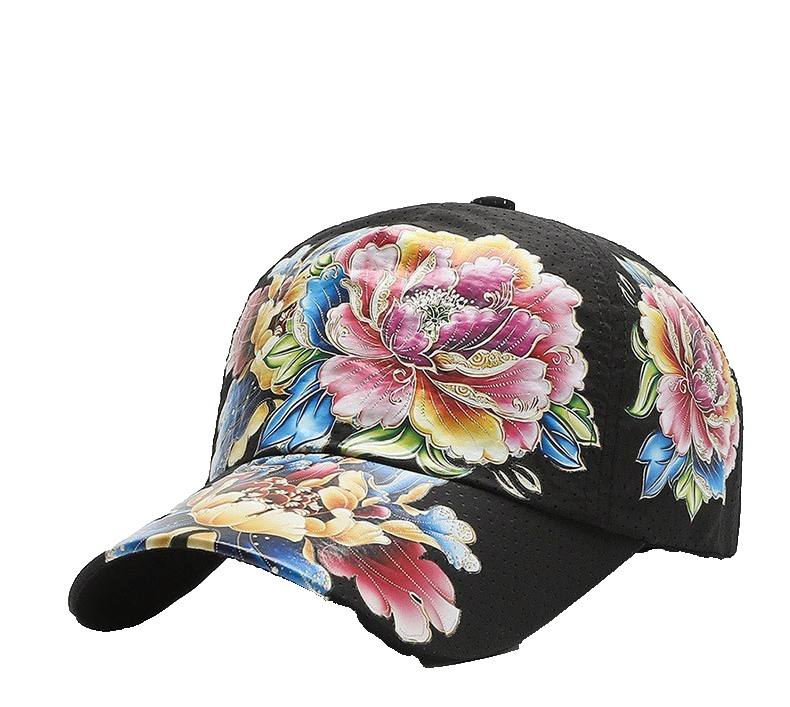 Vibrant Floral Peony Baseball Cap Black Perforated Mesh Breathable Adjustable