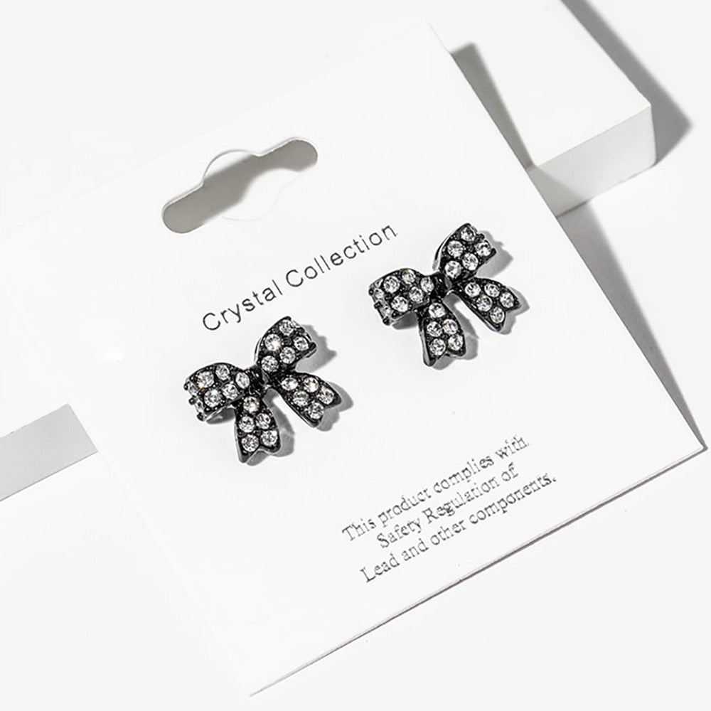 Sparkling Crystal Bow Stud Earrings in Black Rhodium Finish for Women and Girls