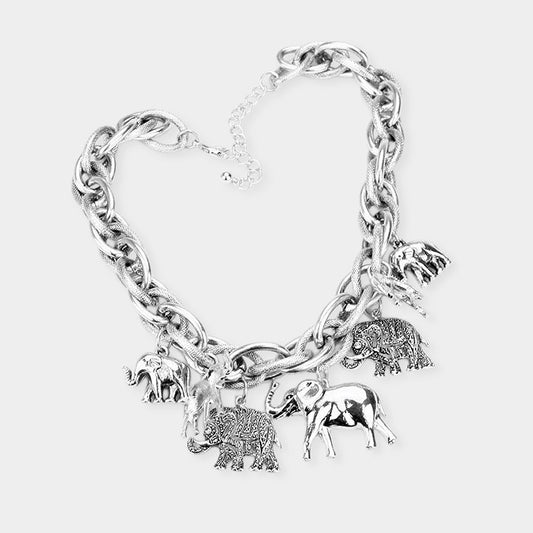 3pcs Elephant Charm Jewelry Set Statement Necklace Earrings Silver Tone Animal T