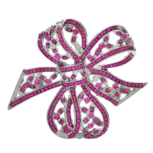 Large Pink Rhinestone Bow Brooch Pin Silver Tone Vintage Style Costume Jewelry