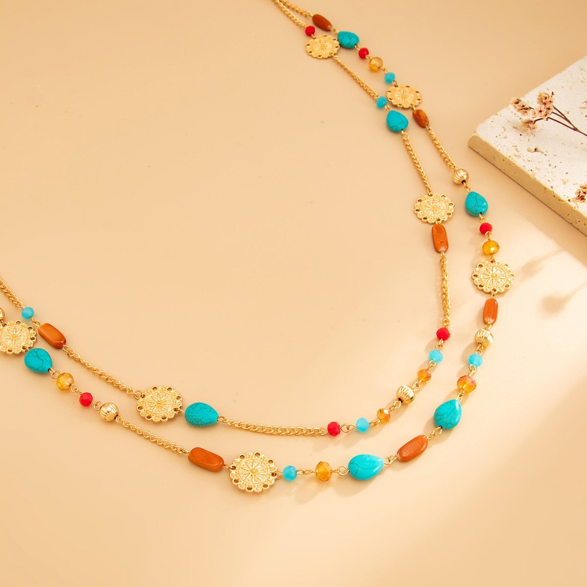 Bohemian Turquoise Beaded Multi-Strand Gold Coin Statement Necklace