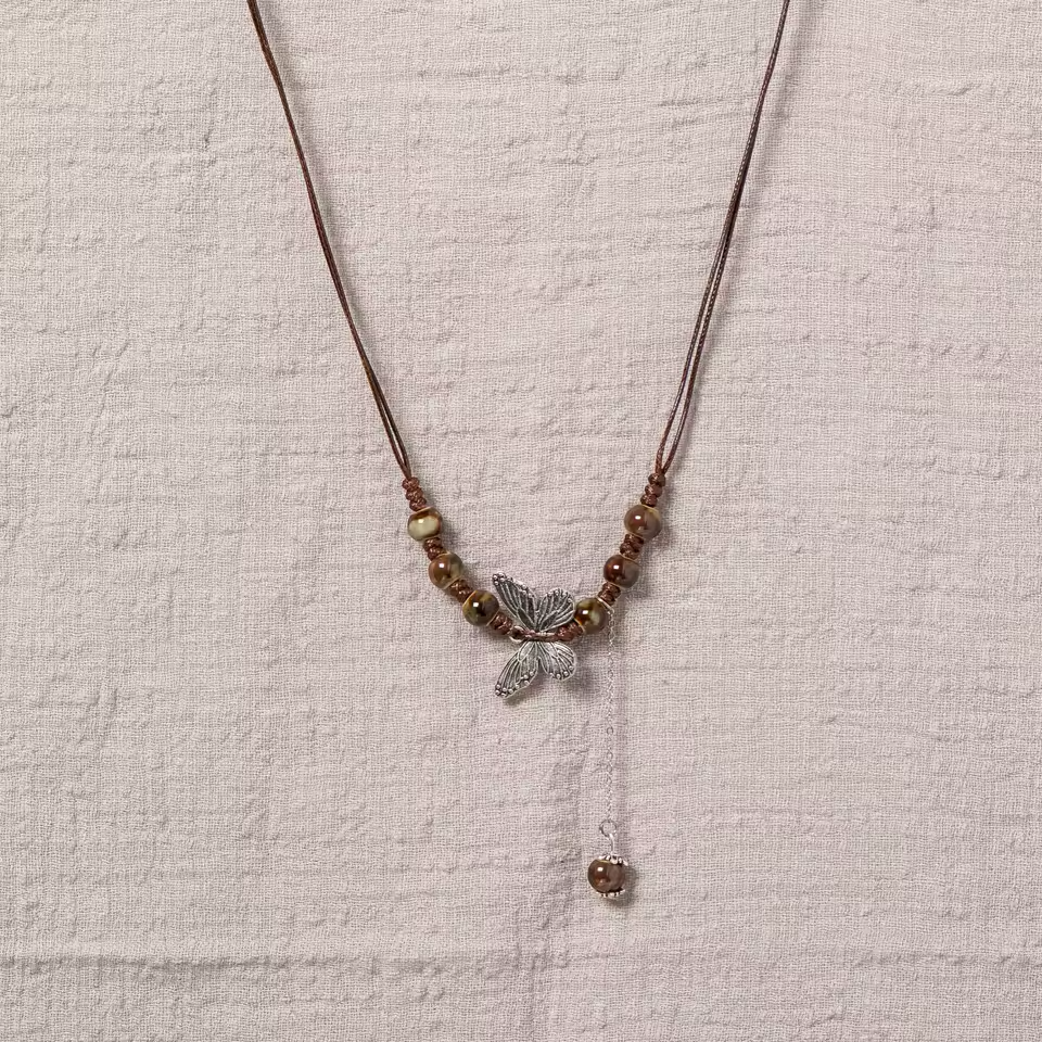 Handcrafted Ceramic Beaded Boho Butterfly Pendant Necklace Adjustable S001193B