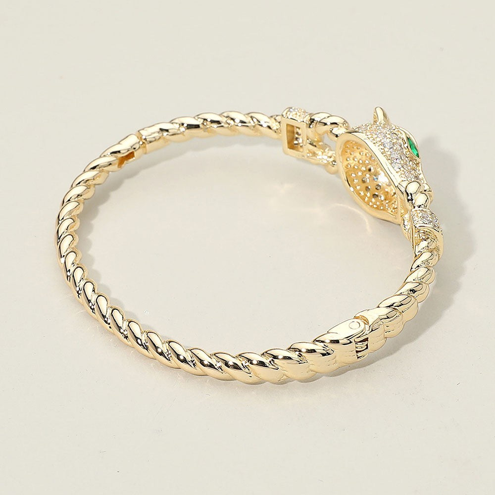 Gold Plated Panther Head Bracelet CZ Crystal Green Eyes Twisted Bangle