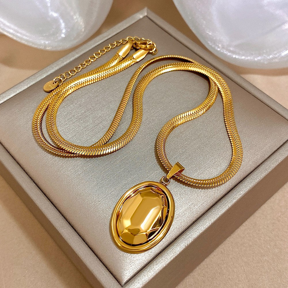 Chunky Geometric Oval Pendant Necklace for Women | Gold or Silver Stainless Stee
