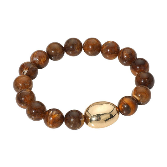 2pc Elastic Beaded Bracelet Set Gold Oval Accent Brown & Ivory