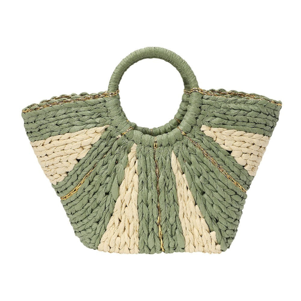 Green and Beige Woven Raffia Tote Bag for Women Round Handle Straw Handbag
