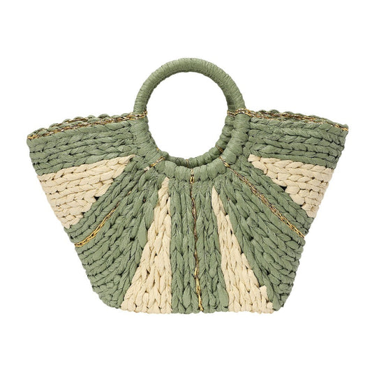 Green and Beige Woven Raffia Tote Bag for Women Round Handle Straw Handbag