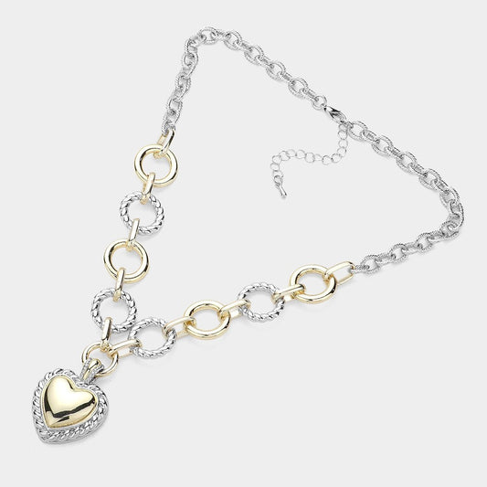 14K Gold Plated Two Tone Textured Heart Pendant Necklace for Women