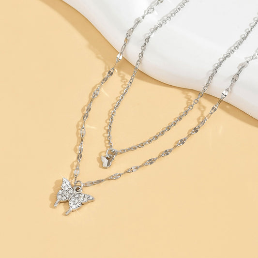Layered Butterfly Charm Necklace for Women Silver Plated Double Chain