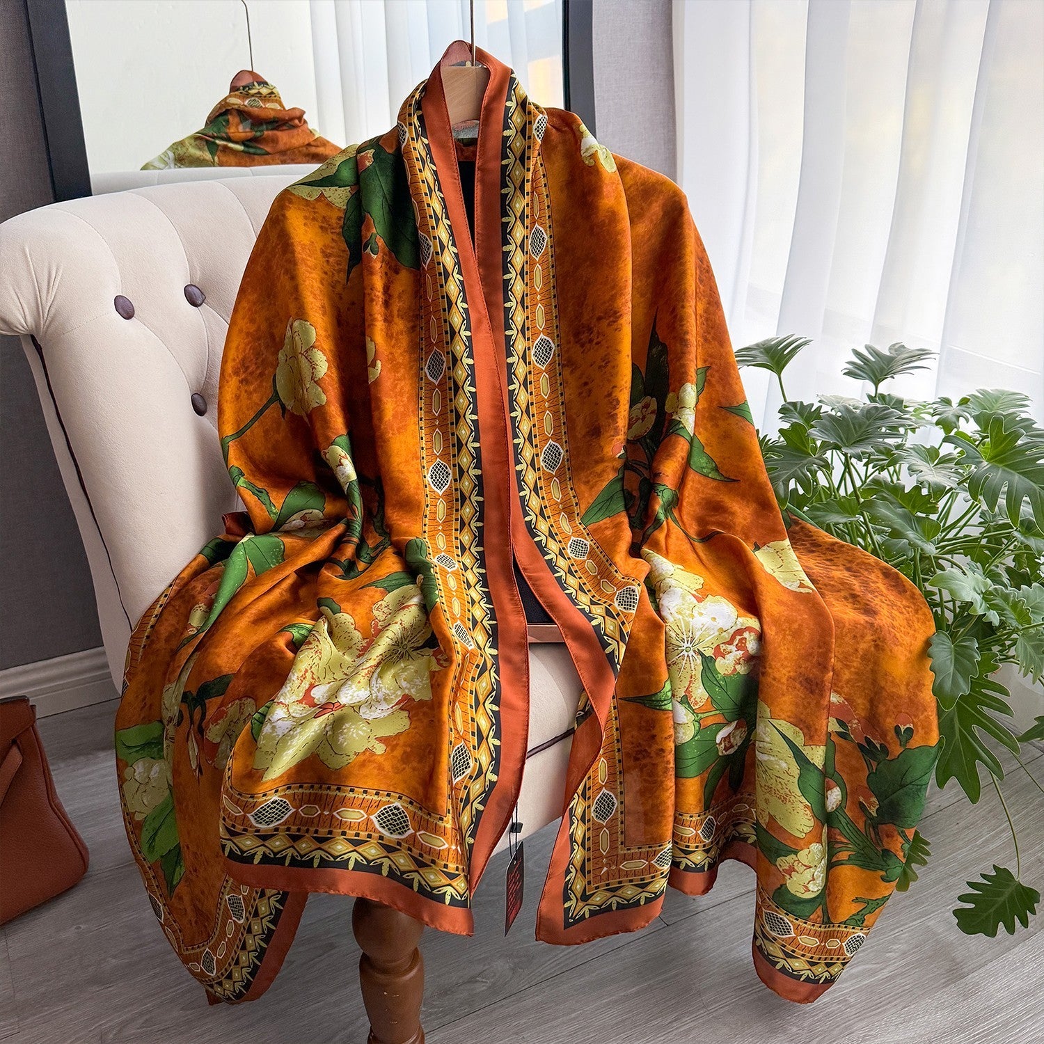 Orange Floral Print Scarf Wrap Silk Feel Large 71x35in Women's Gift