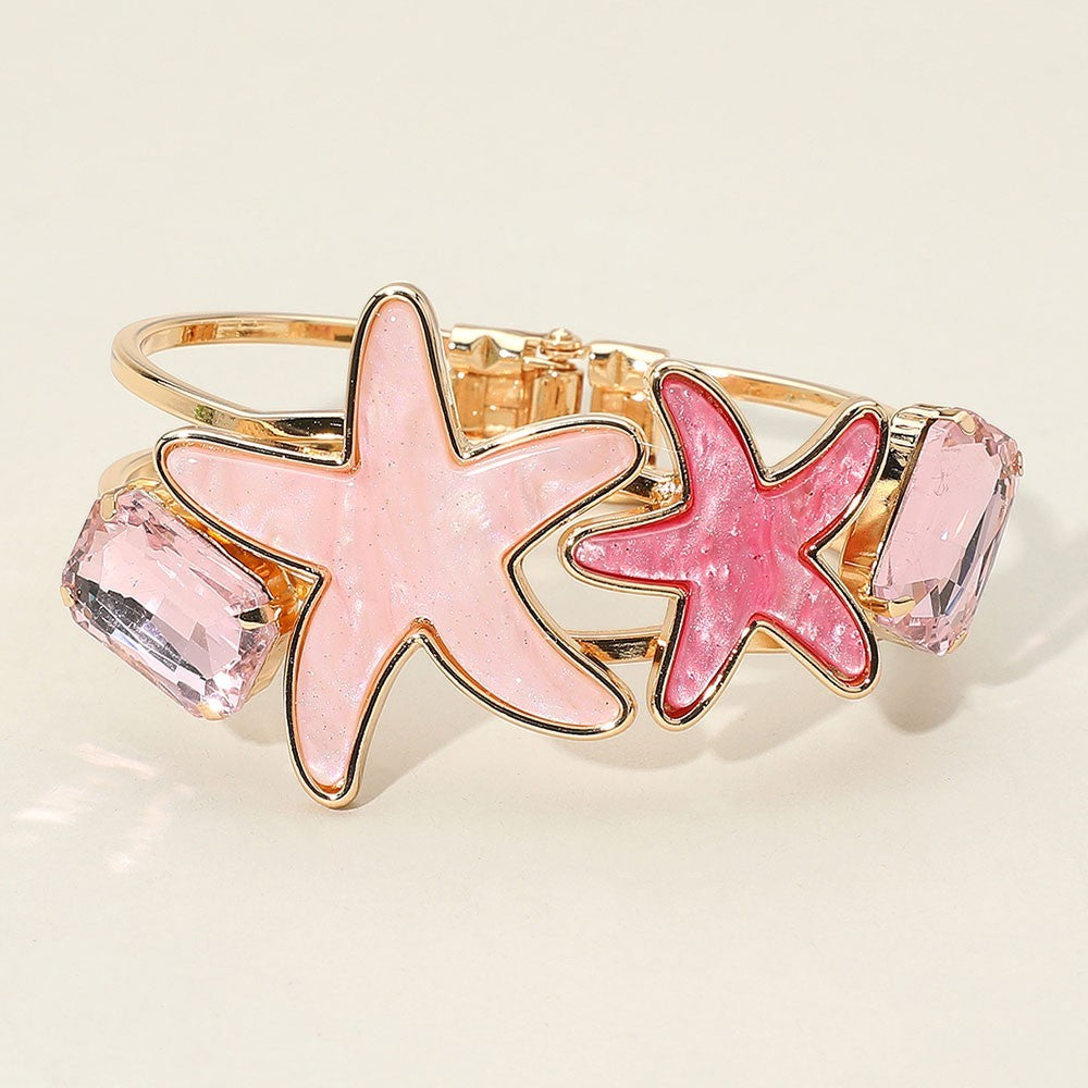 Gold Tone Pink Enamel Starfish Hinged Cuff Bracelet Coastal Beach Bangle