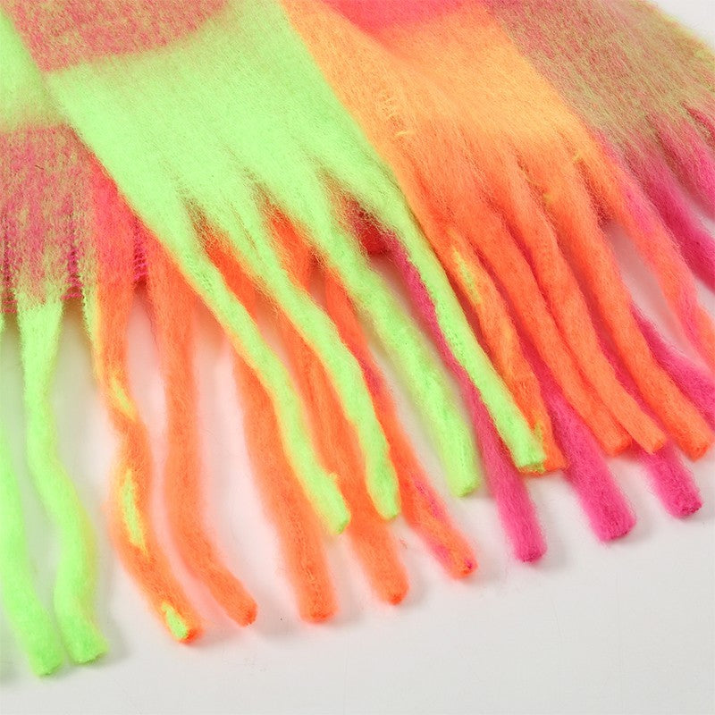 Neon Plaid Tassel Scarf Oversized Blanket Shawl Thick Winter Wrap Hot Pink