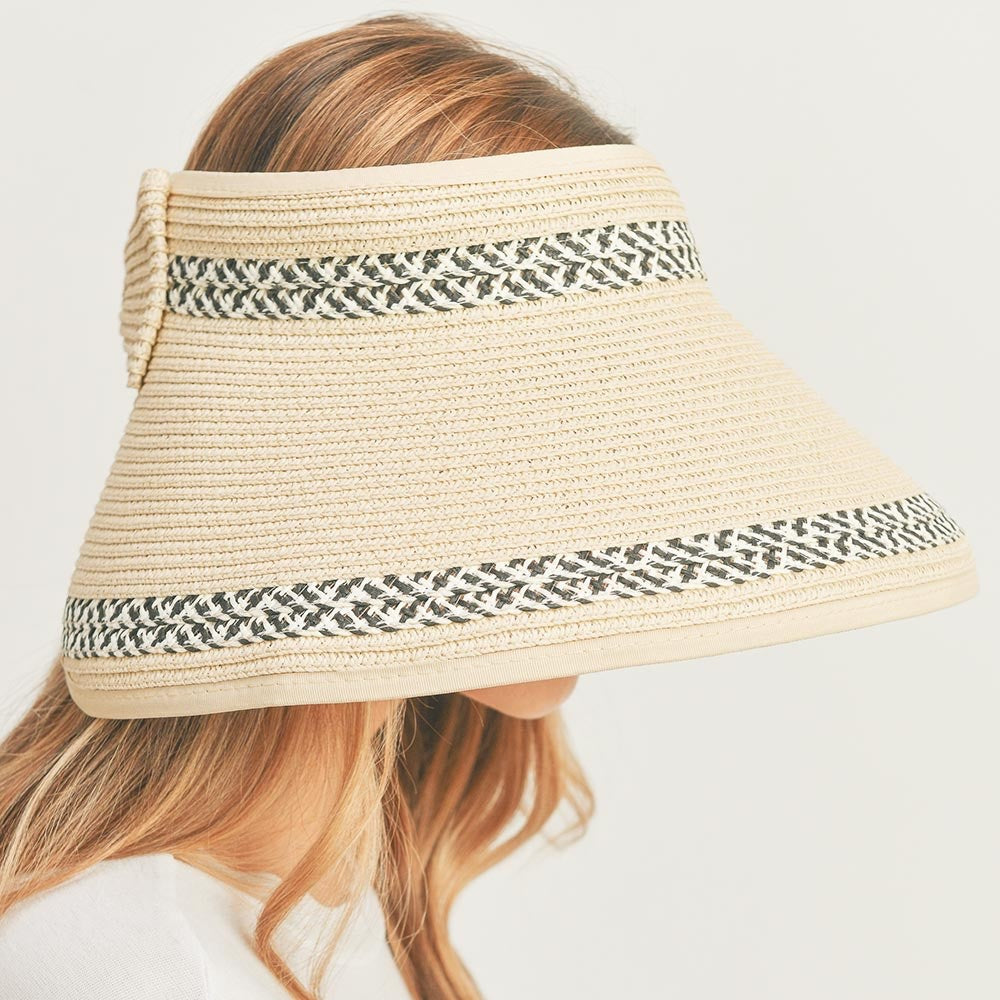 Tan Woven  Paper Straw Wide Brim Sun Visor Hat with Large Back Bow - One Size