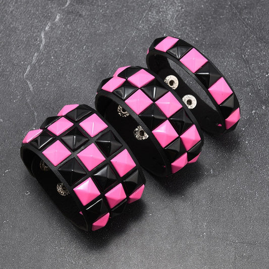 3pc Pink Black Studded Bracelet Set Punk Rock Goth Emo Faux Leather Wristband