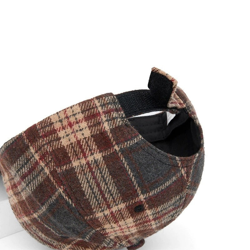 Brown Plaid Baseball Cap Winter Wool Blend Hat Adjustable Men