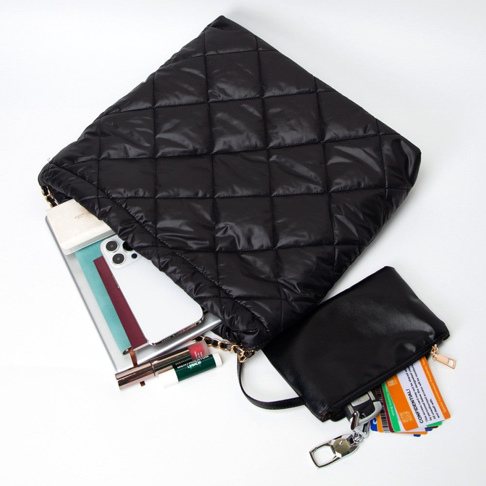 Quilted Black Puffer Tote Bag Oversized Shoulder Handbag with Chain Strap