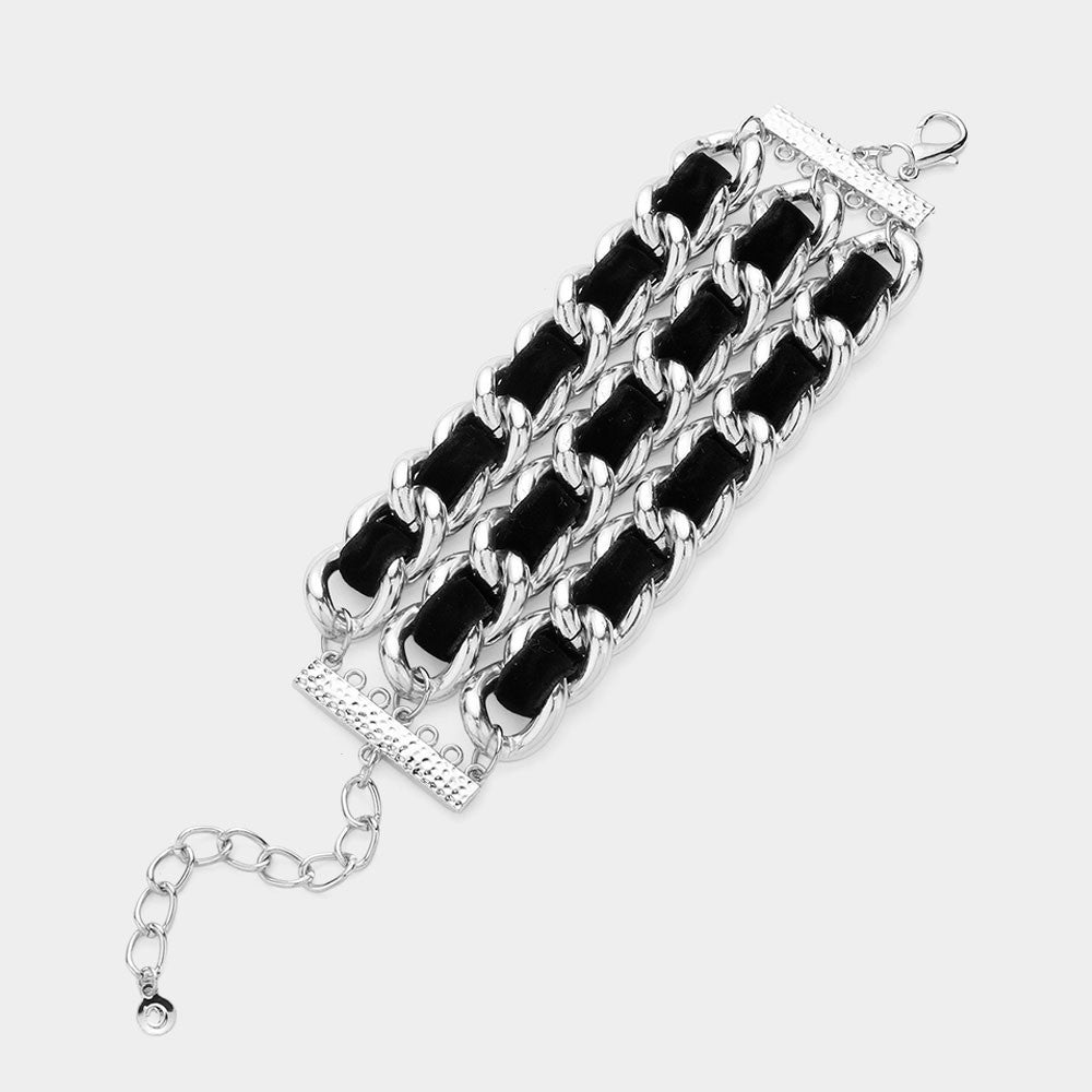 Womens Woven Microfiber Suede Link Silver-tone Chain Cuff Bracelet Lobster Clasp