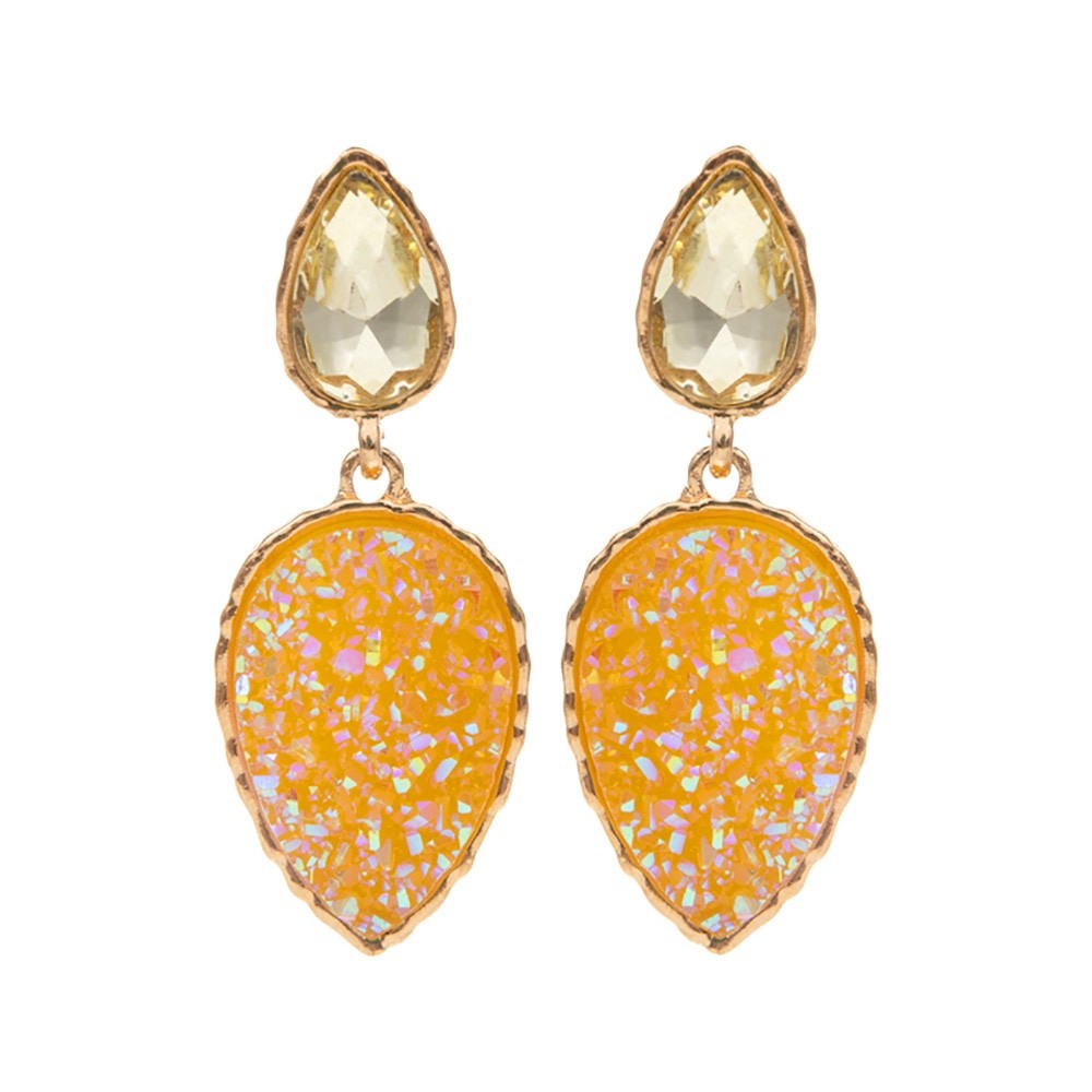 Radiant Orange Druzy Tear Drop Dangle Earrings Gold Tone Statement Jewelry Lady