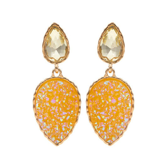 Radiant Orange Druzy Tear Drop Dangle Earrings Gold Tone Statement Jewelry Lady