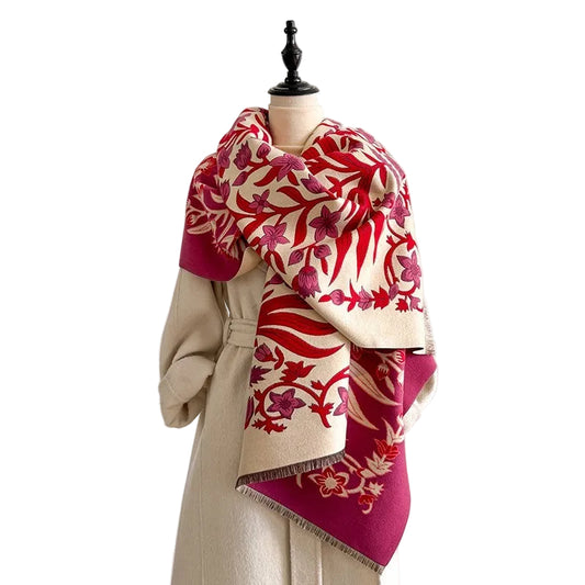 Floral Cashmere Feel Scarf Pashmina Shawl Reversible Wrap Pink Beige 71" x 28"