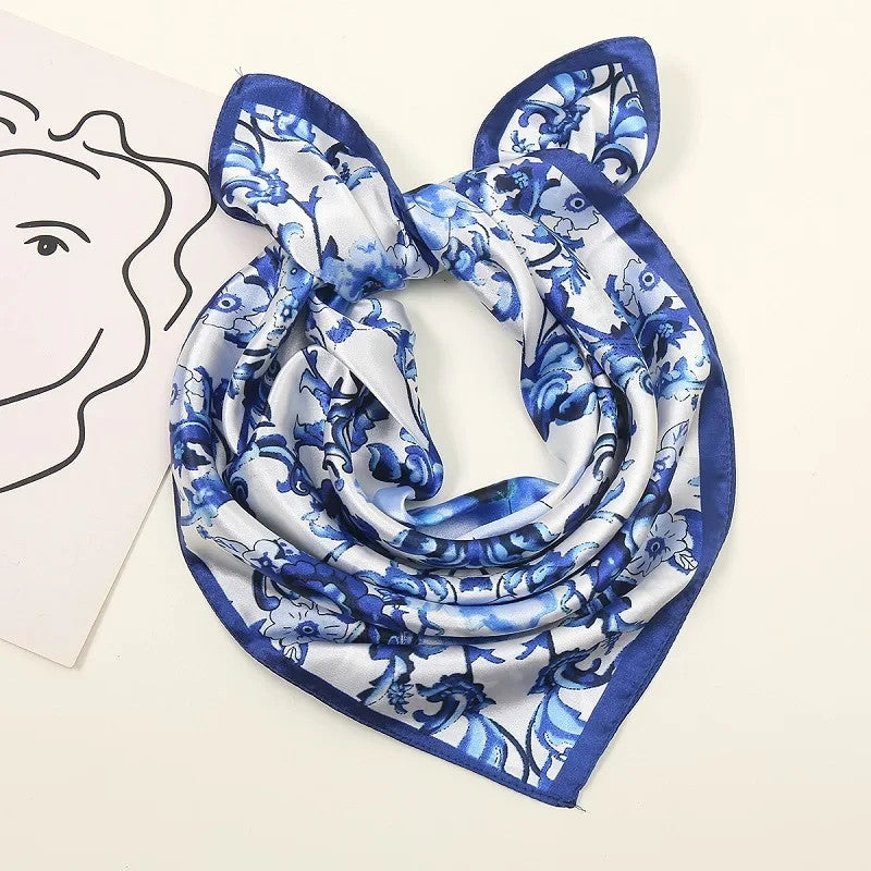 Blue and White Porcelain Satin Silk Square Scarf Digital Print Headscarf Ladies