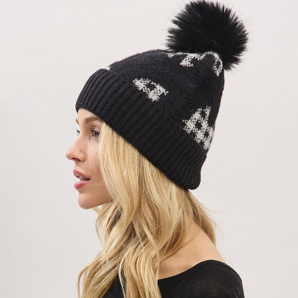 Women's One Size Paid Pattern Faux Fur Mixed Fleeced Pom Pom Winter Beanie Hat