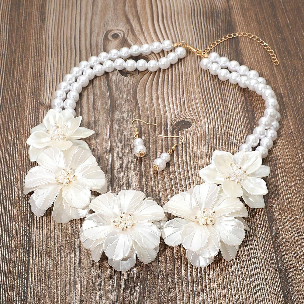 Womens Floral Link Pearl Layered Statement Necklace & Earrings Jewelry Set White