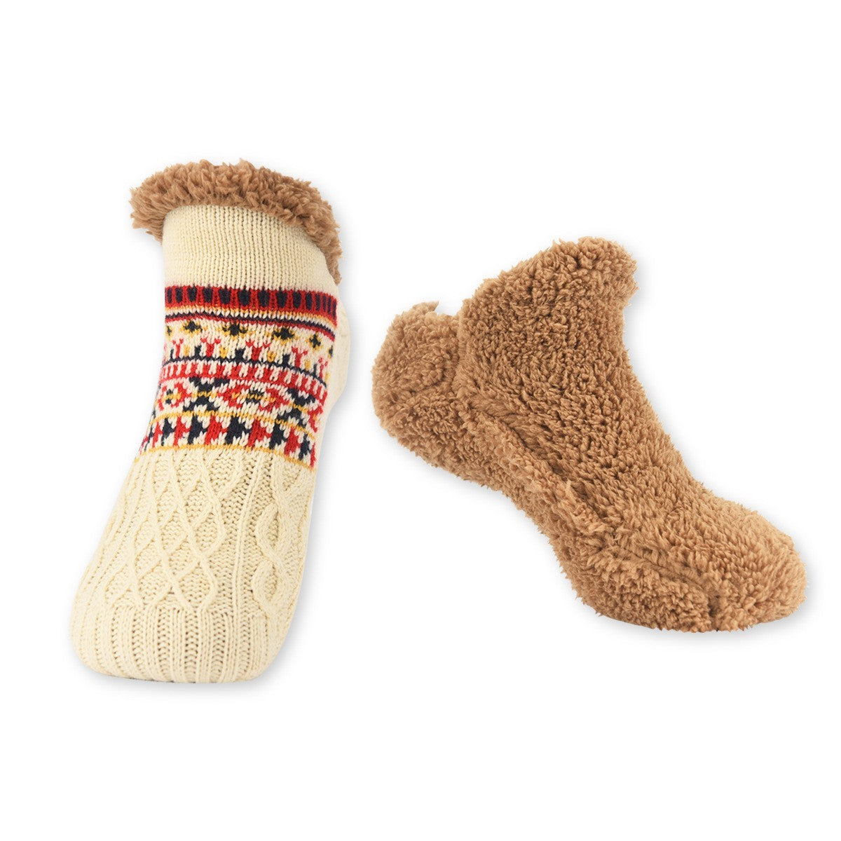 Women's US 4.5-8.5 M Slipper Socks 2-Pack SET | Chunky Knit Fair Isle Sherpa
