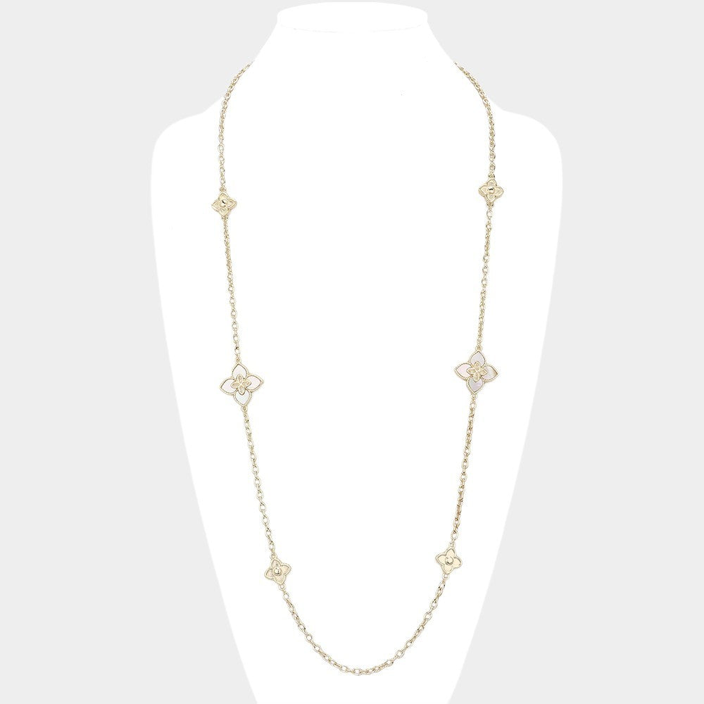 CZ Stone Mother of Pearl Station Long Necklace Gold Tone Layering Jewelry