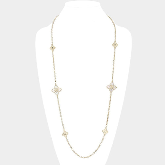 CZ Stone Mother of Pearl Station Long Necklace Gold Tone Layering Jewelry