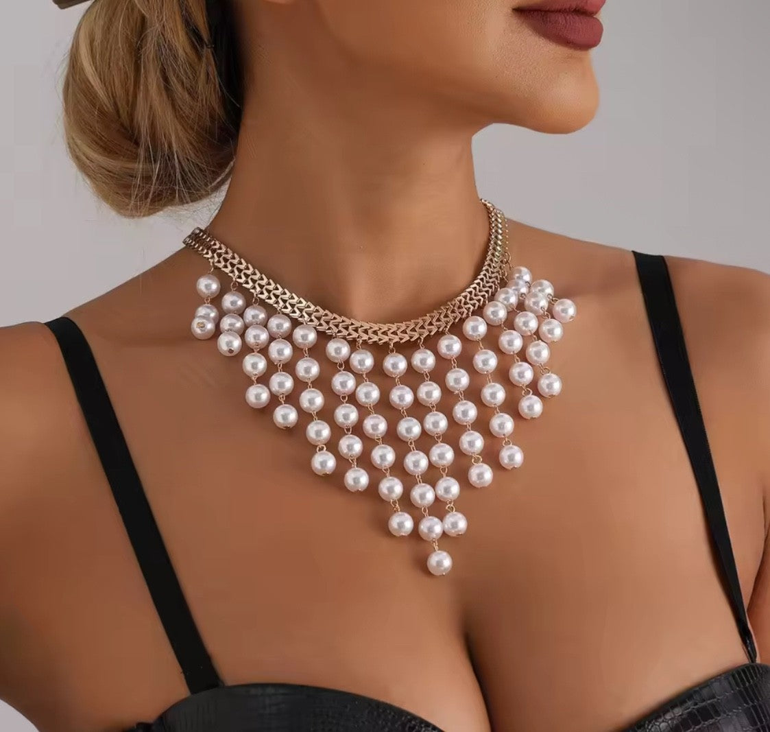 Pearl Fringe Statement Necklace Gold Choker Draping Multi Layer Wedding Jewelry