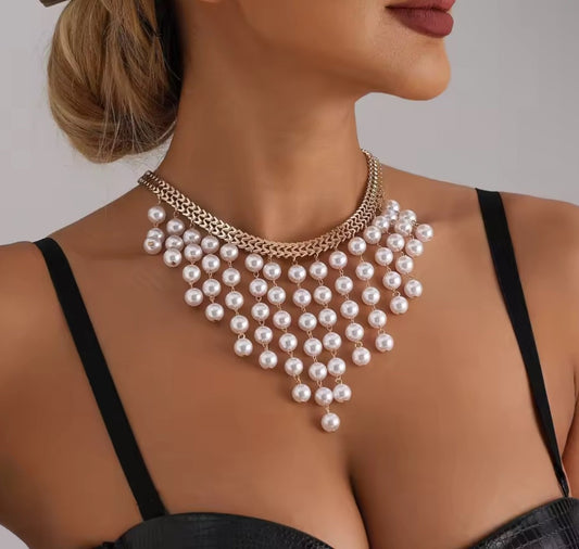 Pearl Fringe Statement Necklace Gold Choker Draping Multi Layer Wedding Jewelry