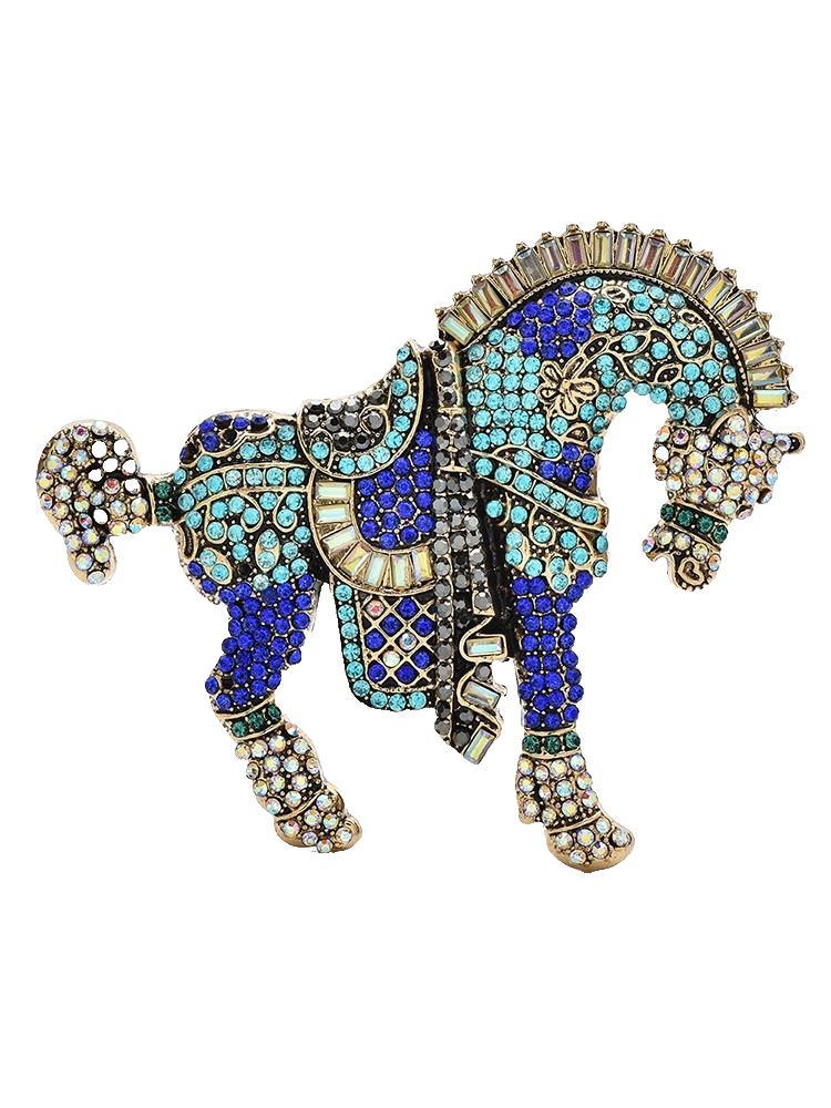 2pcs Crystal Horse Brooch Set Pink Blue Rhinestone Carousel Pony Animal Pin