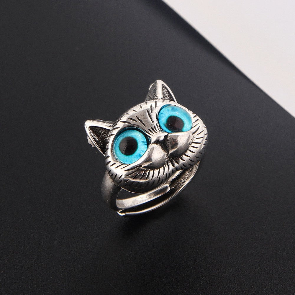 2 Pcs Adjustable Cat Rings Blue Eyes Pet Lover Animal Jewelry Gift for Women