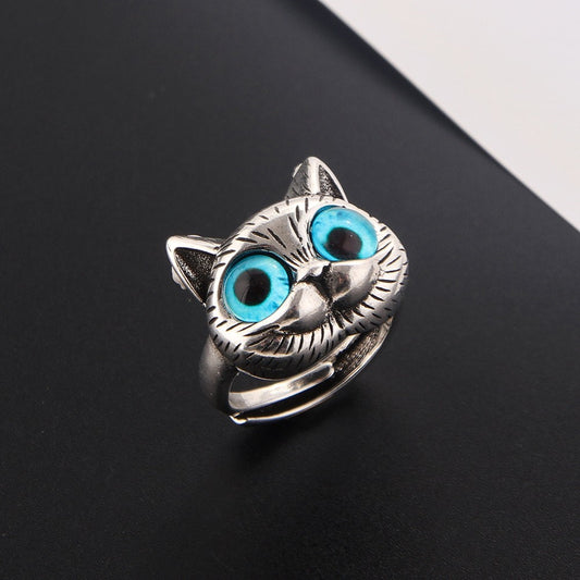 2 Pcs Adjustable Cat Rings Blue Eyes Pet Lover Animal Jewelry Gift for Women