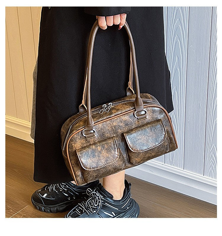 Vintage Y2K Distressed Brown Faux Leather Bowling Bag Double Pocket Shoulder Bag