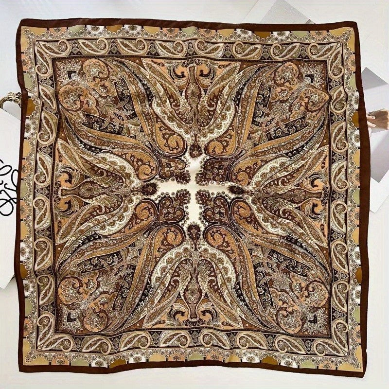 Women's Paisley Print Square Scarf Silky Feel Satin Head & Neck Scarf Brown Gold