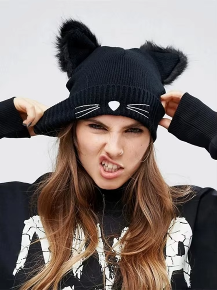 3 for 1 - Cat Ear Beanie Hat for Women Funny Feline Print Warm Winter Knit Cap