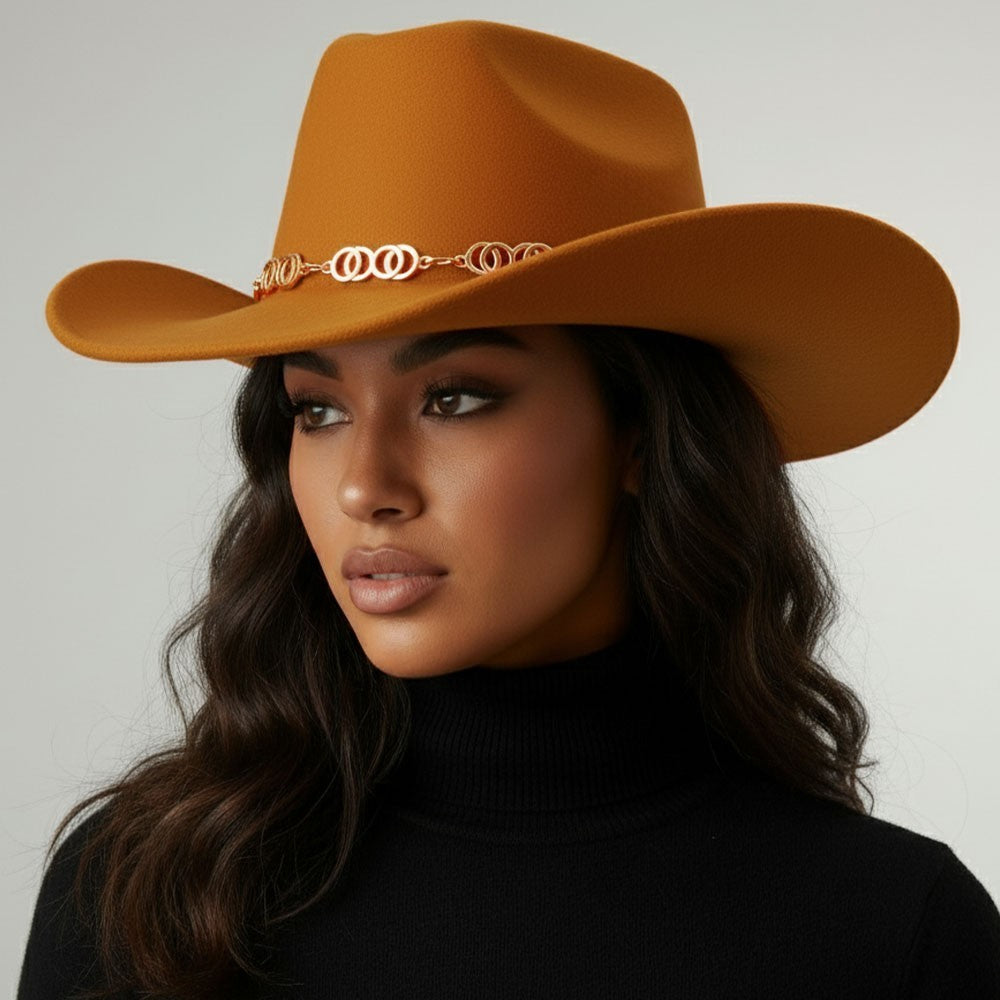 Tan Felt Western Cowboy Hat w/ Gold Chain Band Women’s Fashion One Size
