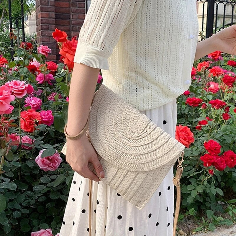 Handmade Woven Straw Envelope Crossbody Bag | Summer Clutch with Hair Ball Charm
